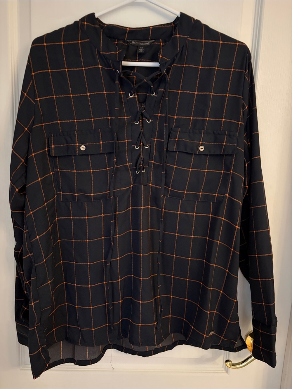 Women's Navy and Orange Windowpane Lace-Up Blouse